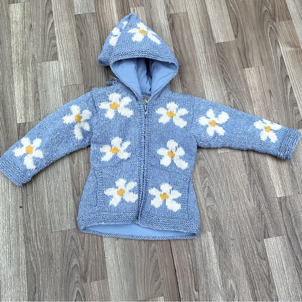 Wool zip up hooded jacket with fleece lining daisy flowers oversized hood tassel